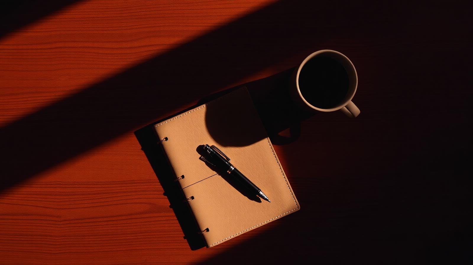Top-down view of a leather notebook and pen on a wooden desk